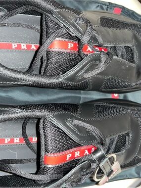 Faux Prada Black Nylon & Leather Sneakers with Red Logo Stripe